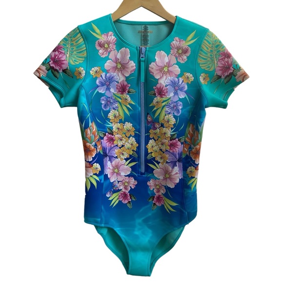 Johnny Was Swimsuit One Piece Zip Neoprene Blue Teal Tie Dye Floral Medium - Picture 13 of 13